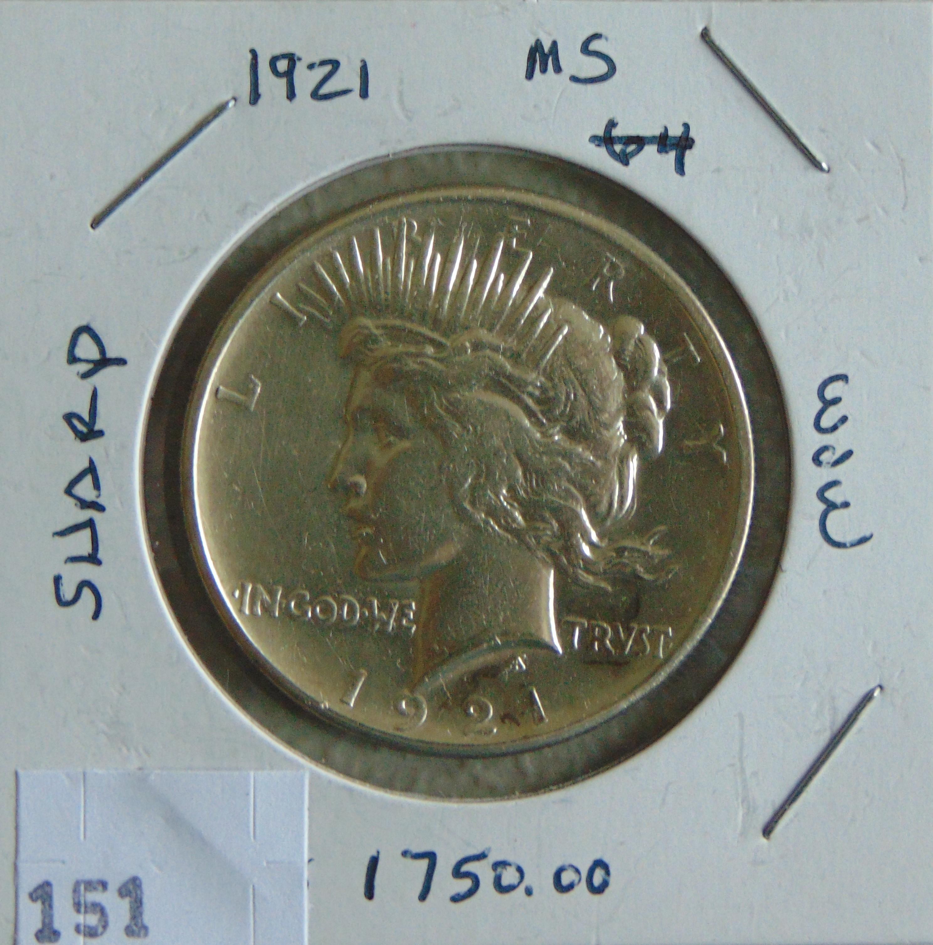 1921 Peace Dollar (key date, cleaned).