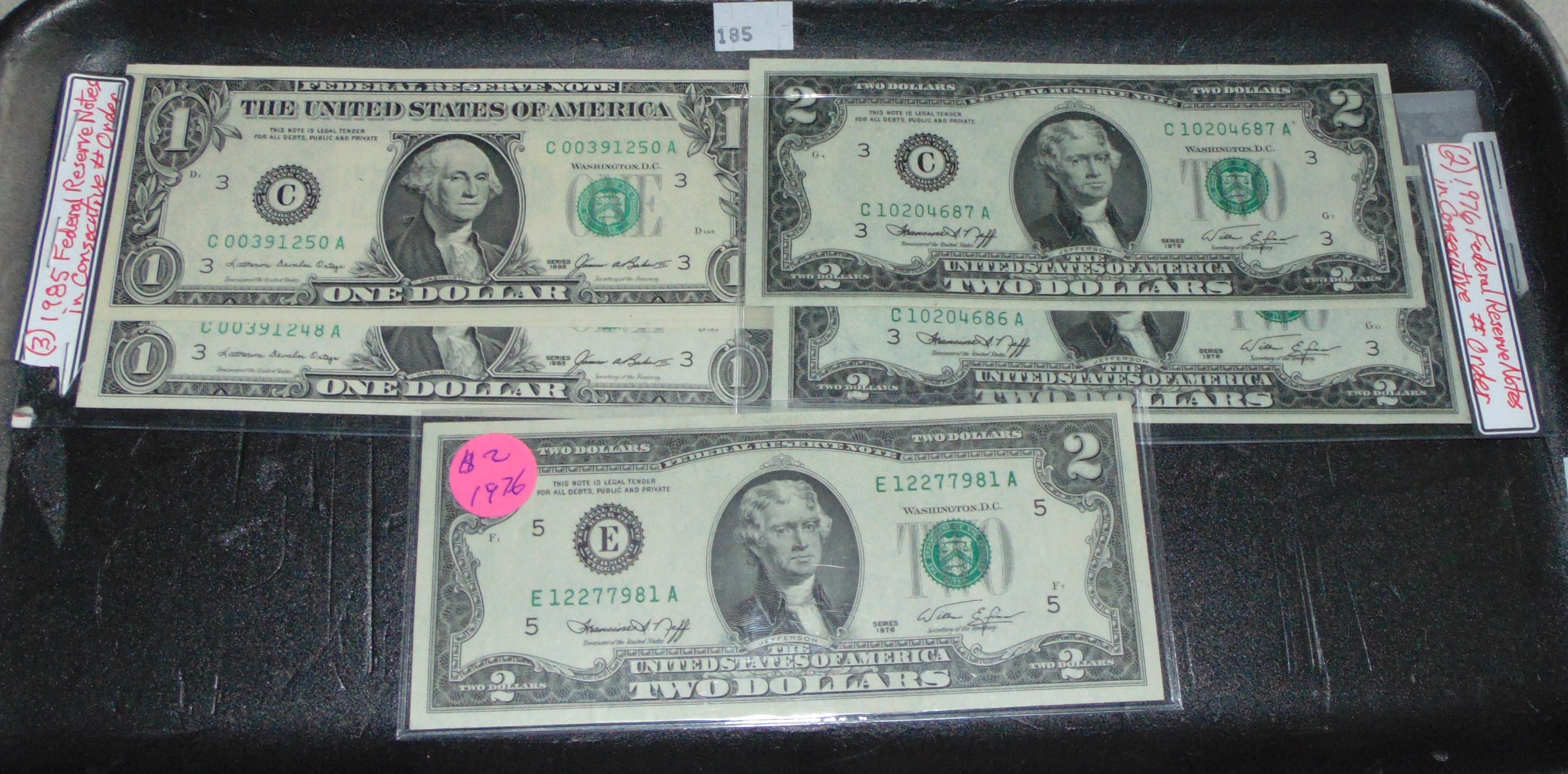 Currency Variety: 1976 $2 Bills. 1985 $1 Notes.