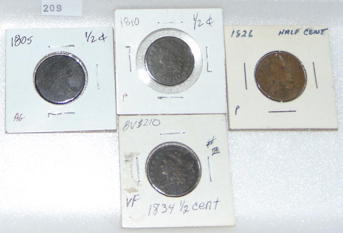 4 Half Cents: 1805 AG. 1810 P. 1826 P. 1834 VF.