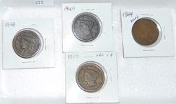 4 Large Cents: 1838, 1840, 1844, 1844 VG-VF.