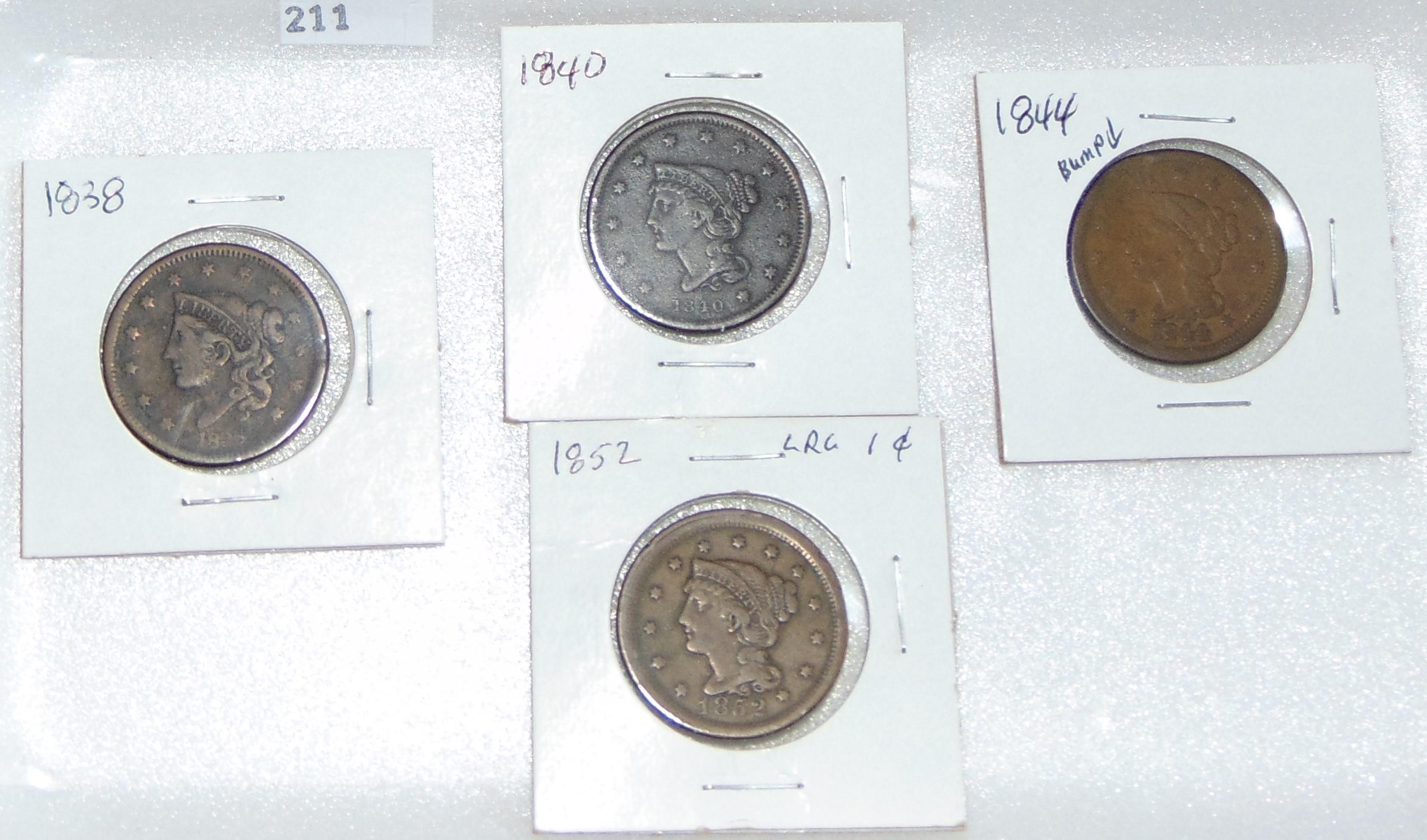 4 Large Cents: 1838, 1840, 1844, 1844 VG-VF.