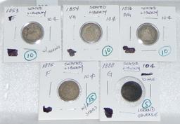 5 Seated Dimes: 1853, 1854, 1856, 1875, 1888.