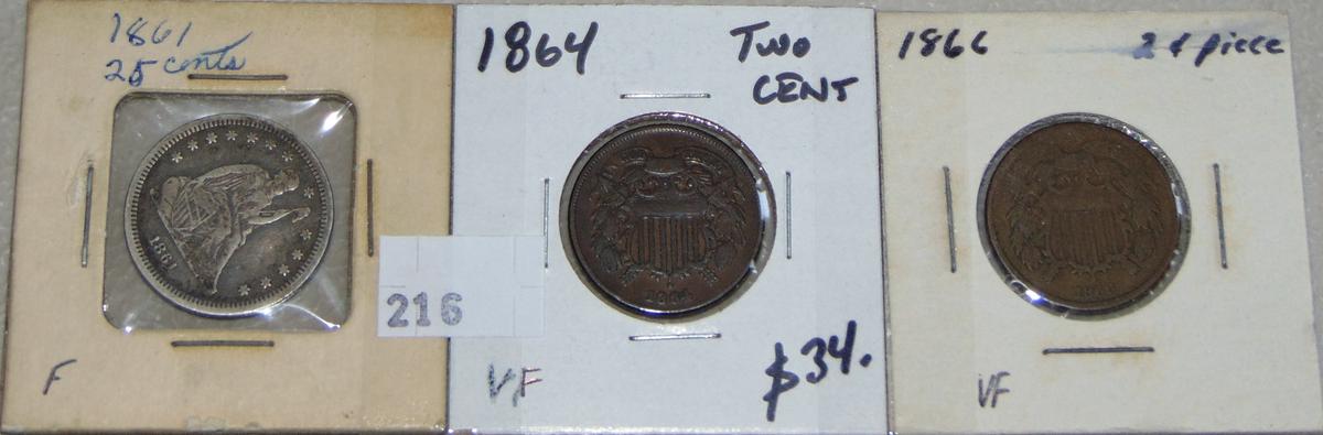 1861 Seated Quarter. 1864, 1866 2¢ pieces F, VF,