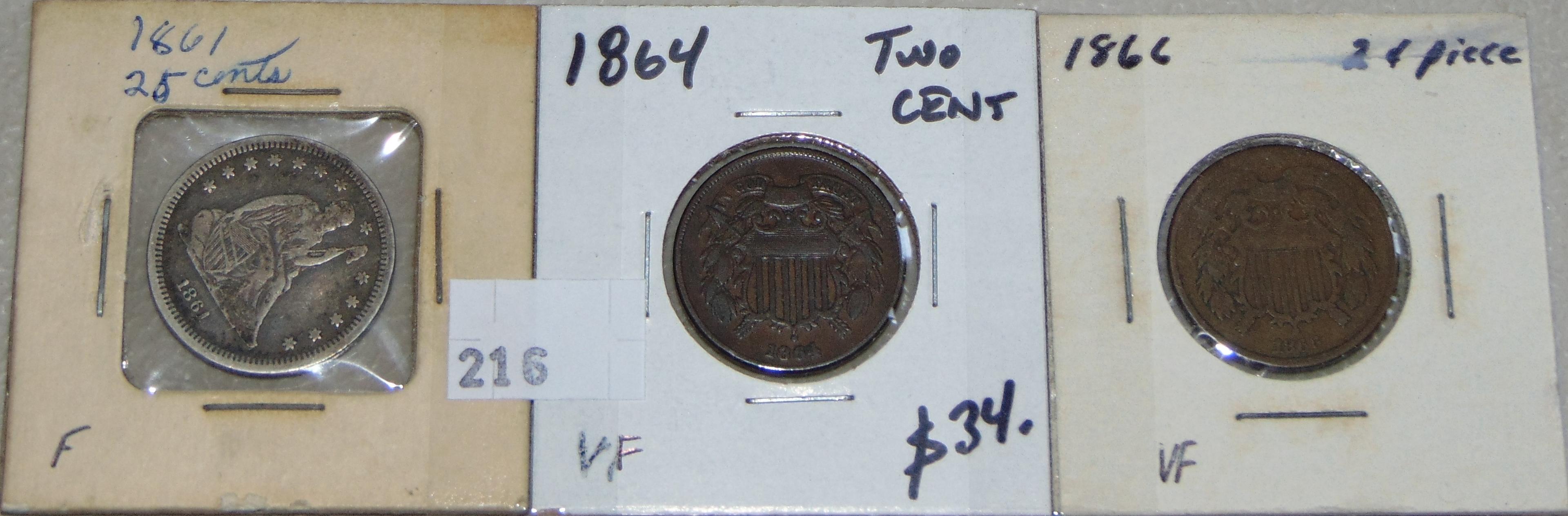 1861 Seated Quarter. 1864, 1866 2¢ pieces F, VF,