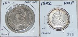 1812 Bust Half Dollar. 1842 Seated Half Dollar.