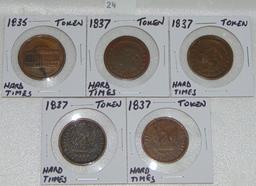 5 "Hard Times" Tokens 1935, 1937.