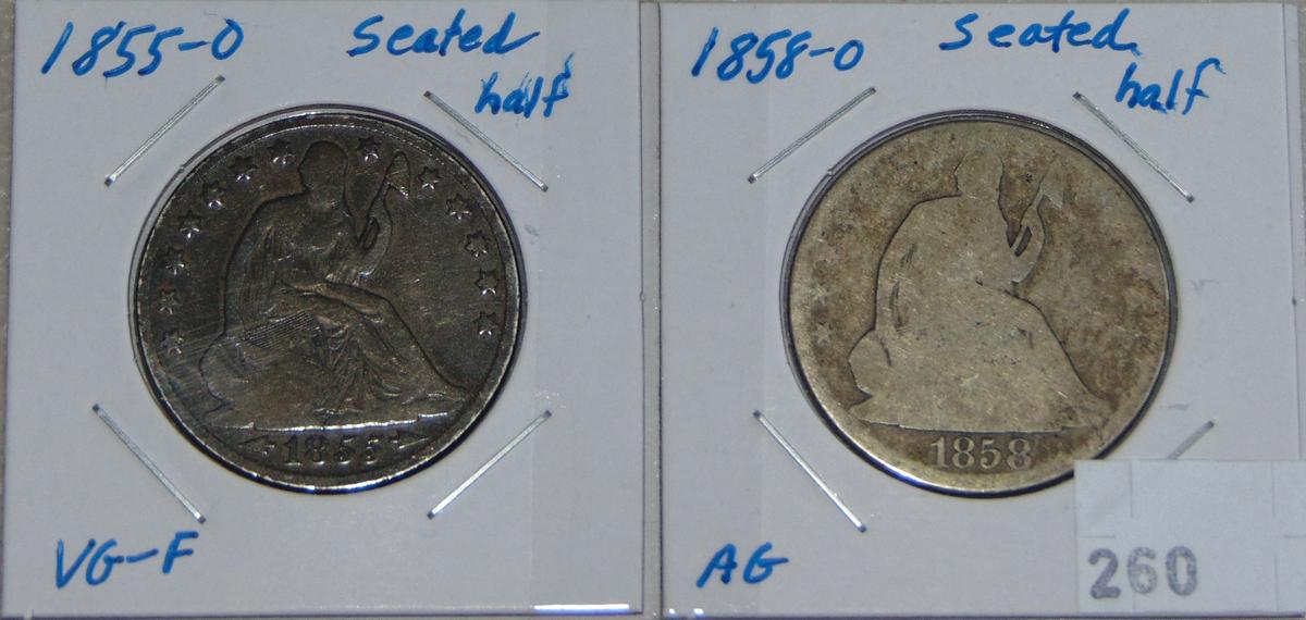 1855-O, 1858-O Seated Half Dollars VG-F, AG.