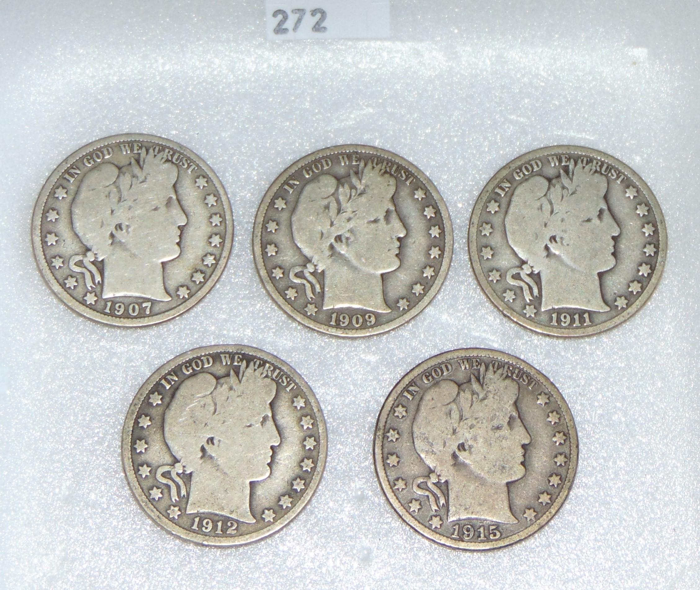 5 Barber Half Dollars: 1907-D, 1909, 1911, 1912,