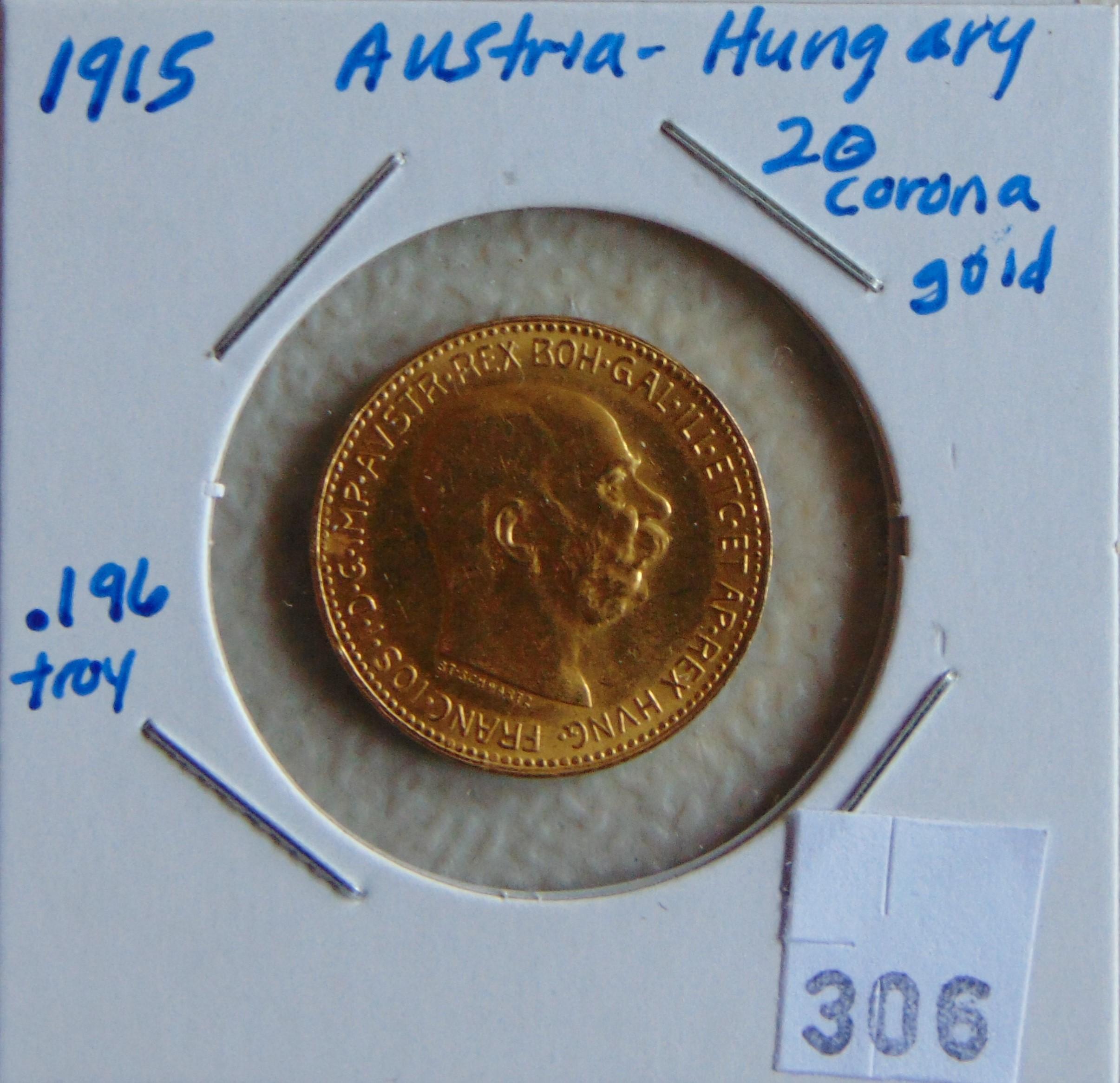 1915 Austria-Hungary 20 Corona Gold .196 Troy BU.