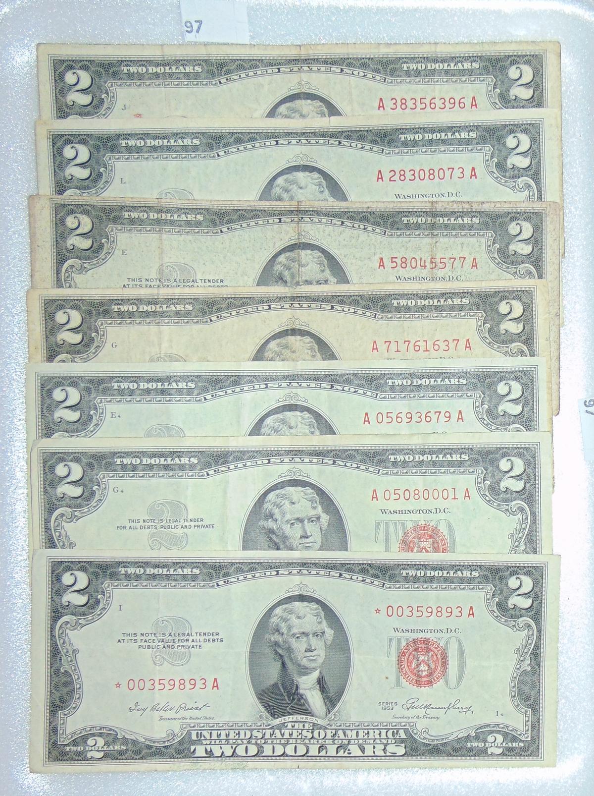 7 $2 Red Seal Notes 1953-1963 (1 Star Note).
