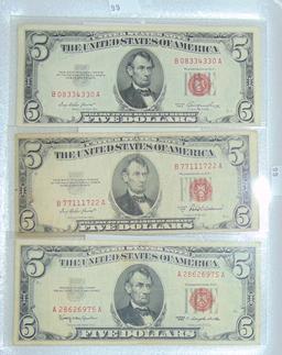 3 $5 Red Seal Notes 1953, 1953-A, 1963.