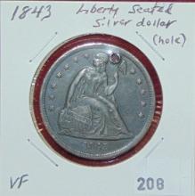 1843 Liberty Seated Silver Dollar (hole) VF.