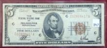 Series 1929 National Currency $5 Federal Reserve Bank of Philadelphia.