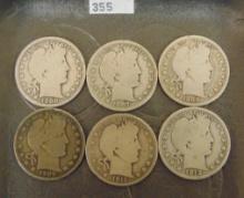 (6) Barber Half Dollars: 1900, 1907-O, 1908-D, 1909, 1911, 1912.