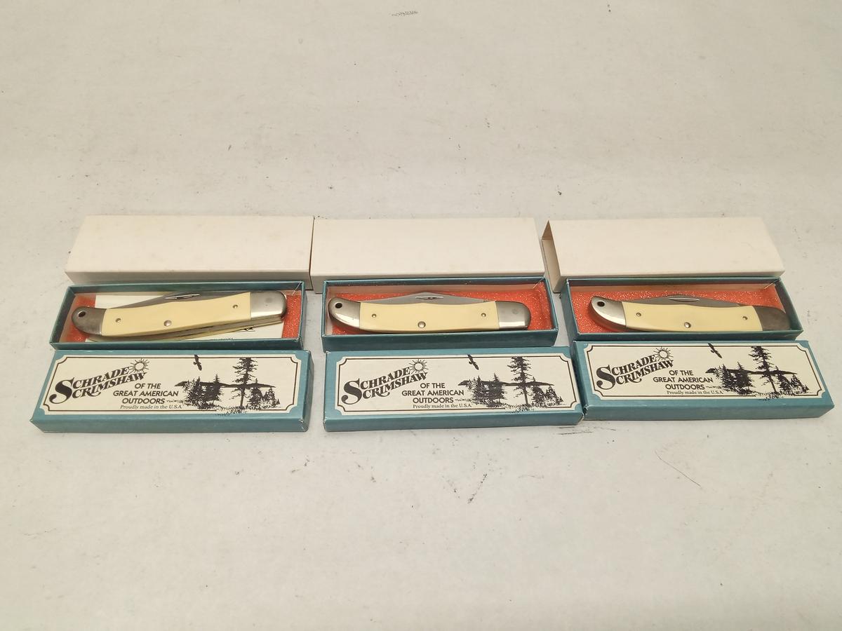 (3Pcs.) NOS SCHRADE SCRIMSHAW 524SC FOLDING KNIVES