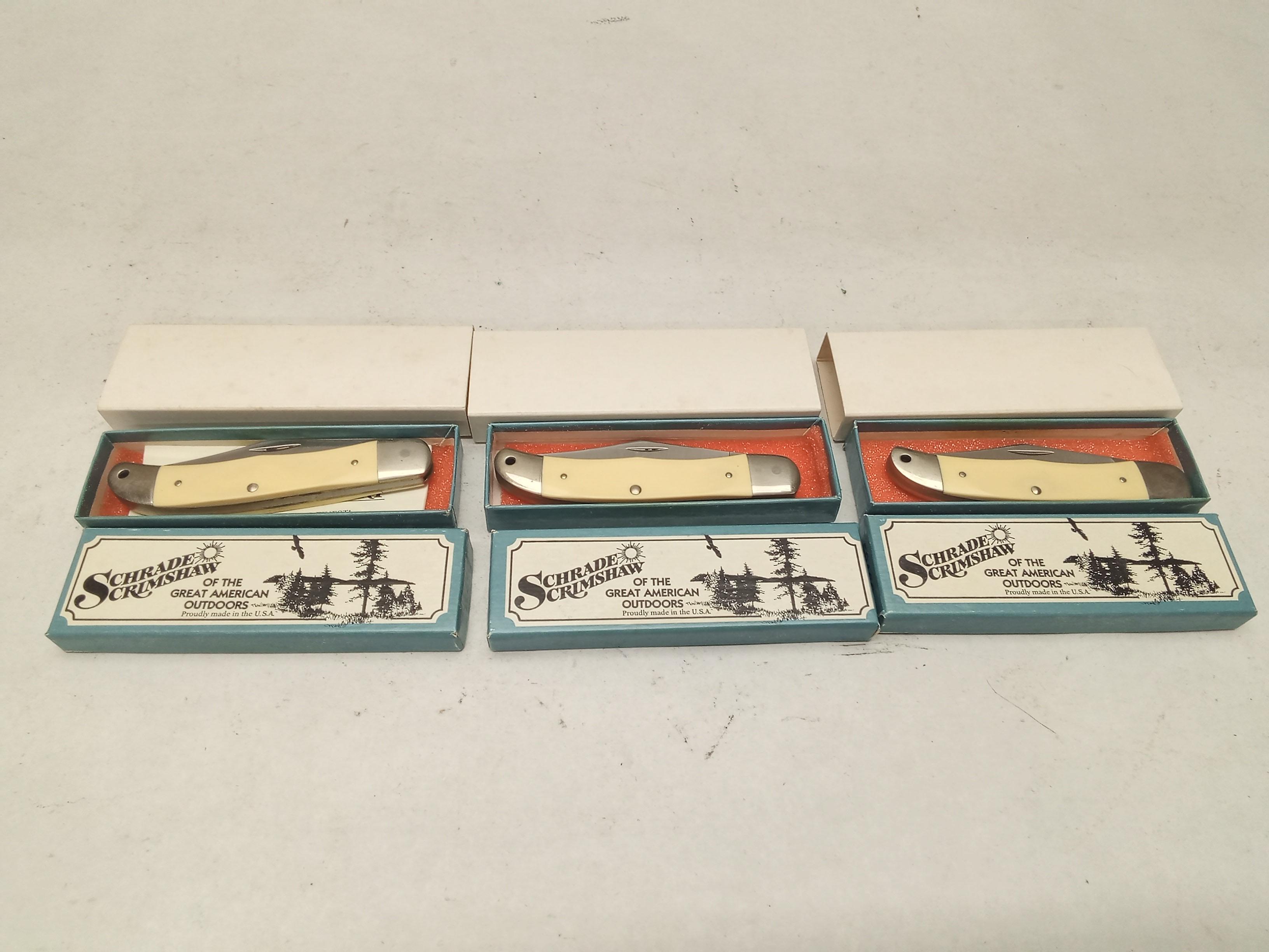 (3Pcs.) NOS SCHRADE SCRIMSHAW 524SC FOLDING KNIVES