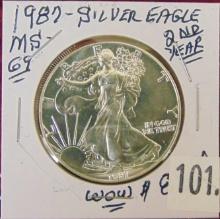 1987 Silver Eagle MS69 (2nd year key).