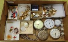 Variety of Costume Jewelry and Pocket Watches.