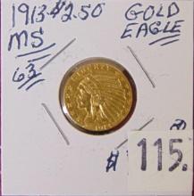1913 Quarter Eagle Gold $2.50 Indian MS63.