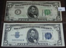 1928B $5 FRN "Redeemable in Gold on Demand". 1934D $5 Silver Certificate.