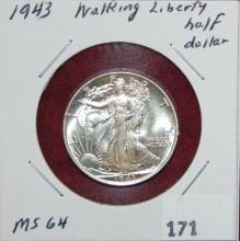 1943 Walking Liberty Half Dollar MS64. WOW!