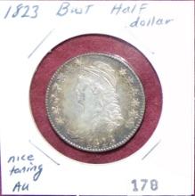 1823 Bust Half Dollar AU (nice toning). Nice!