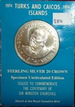 1974 Turks and Caicos Islands 20 Crowns 1.15 Troy  Oz. ASW .925 fine.