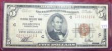 Series 1929 $5 National Currency Federal Reserve Bank of Philadelphia Pa.