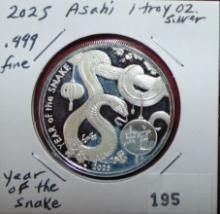 2025 Asahi 1 Troy Oz. .999 fine Silver "Year of the Snake".
