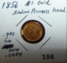 1856 $1 Gold Indian Princess Head .900 fine.