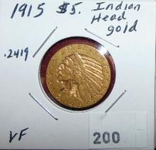 1915 $5 Gold Indian Head VF.