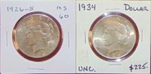 1926-S, 1934 Peace Dollars.