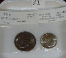 1971 Eisenhower Dollar (40% Silver). 1976-S Kennedy Half Dollar (40% Silver).