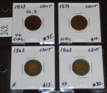 (2) 1863 F, VF, 1873 VG, 1879 Indian Cents.