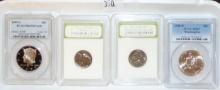 Variety: (2) PCGS Half Dollars, (2) INB Jefferson Nickels.