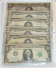 Currency: 1936 $20 FRN. (4) $5 Red Seal Notes. 1963B $1 Barr Note.