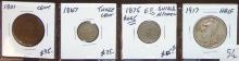 Variety: Cent, 3¢pc, Shield Nickel, Half Dollar.
