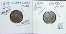 1890 Liberty Seated Dime. 1904 Barber Dime.