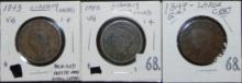 1843, 1845, 1849 Liberty Head Large Cents.