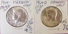 1964, 1964-D Kennedy Half Dollars (last year 90% Silver).