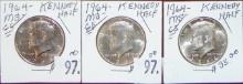 (3) 1964 Kennedy Half Dollars (90% Silver, from Bank roll).
