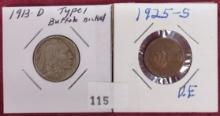 1913-D (type 1) Buffalo Nickel. 1925-S Lincoln Cent VF.