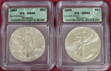1987, 1989 Silver Eagle ICG MS69, MS69.
