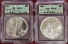 1991, 1993 Silver Eagle ICG MS69, MS69.