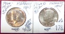 1964, 1964-D Kennedy Half Dollars MS65 (last year 90% Silver).