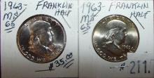 (2) 1963 Franklin Half Dollars MS65 (last year 90% Silver).