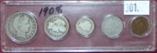 1908 Year Set: Barber Half Dollar, Quarter, Dime. Liberty Head "V" Nickel. Indian Cent.