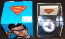 2013 $15 75th Anniversary Superman Silver Round in original Mint Box with clear display case and pap