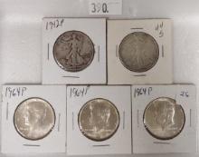 (5) Half Dollars: 1942, 1944-S Walking Liberty, (3) 1964 Kennedy.