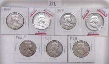 (7) Franklin Half Dollars: 1954, (2) 1954-D, 1958-D, 1961, 1961-D, 1963-D.